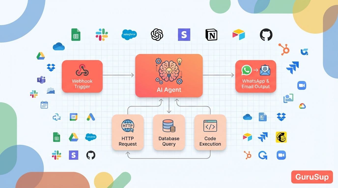 Agente IA con n8n: flujo visual de automatización con nodos de IA, herramientas y webhooks