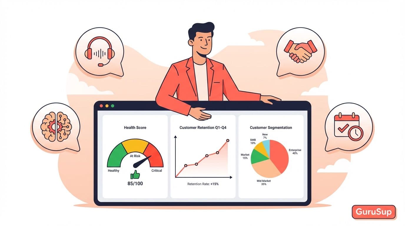 Customer success manager: profesional frente a dashboard con health score y metricas de retencion