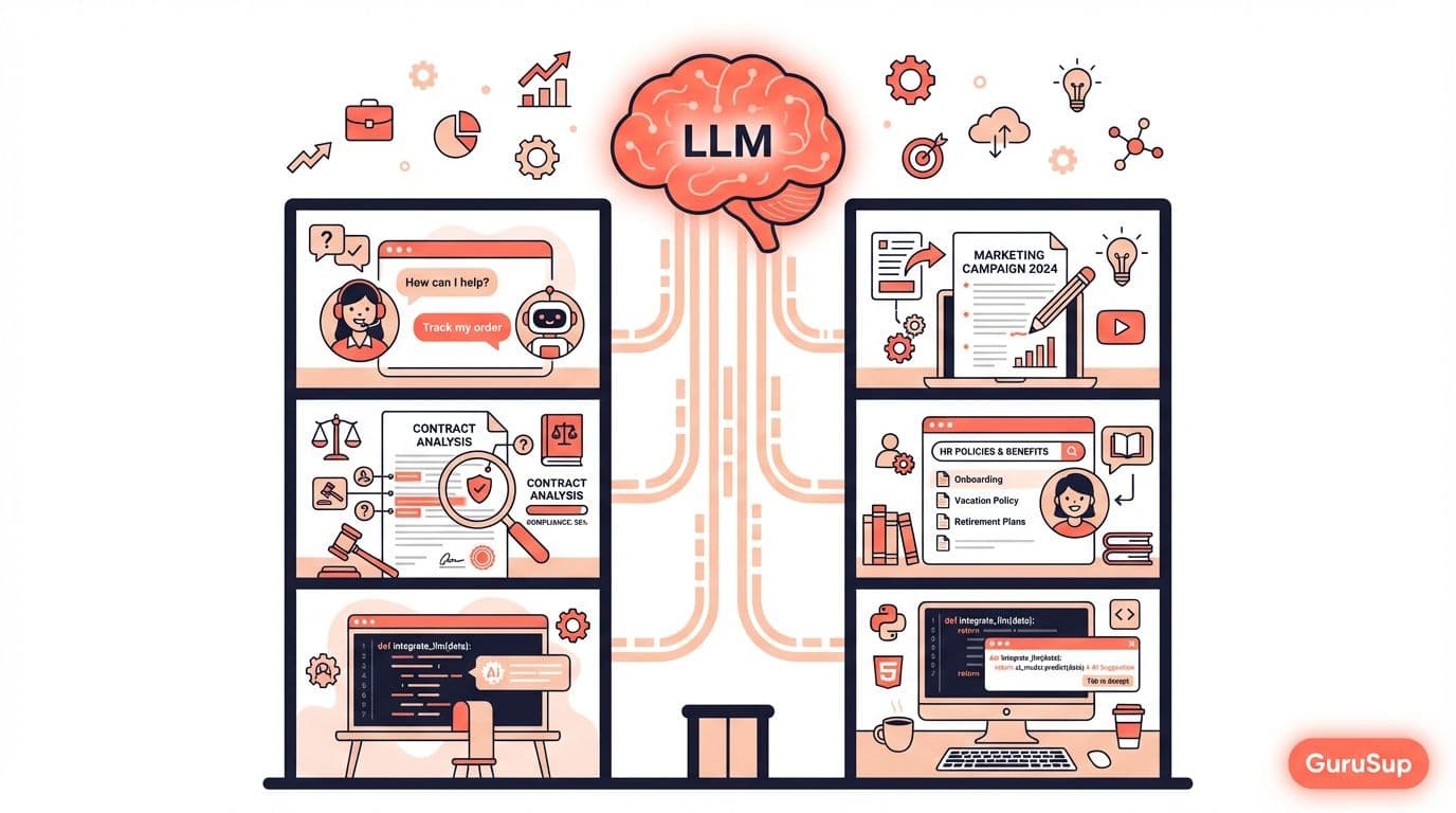 LLM para empresas: edificio con cinco casos de uso empresariales conectados a un modelo de lenguaje