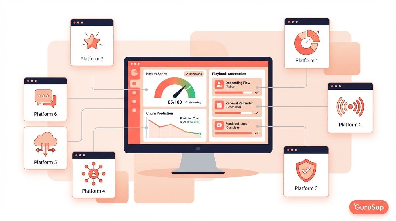 Software customer success: dashboard central rodeado de iconos de siete plataformas comparadas