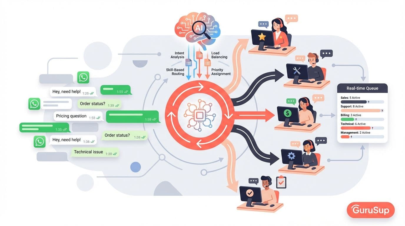 WhatsApp multiagente: hub de enrutamiento distribuyendo conversaciones entre cinco agentes